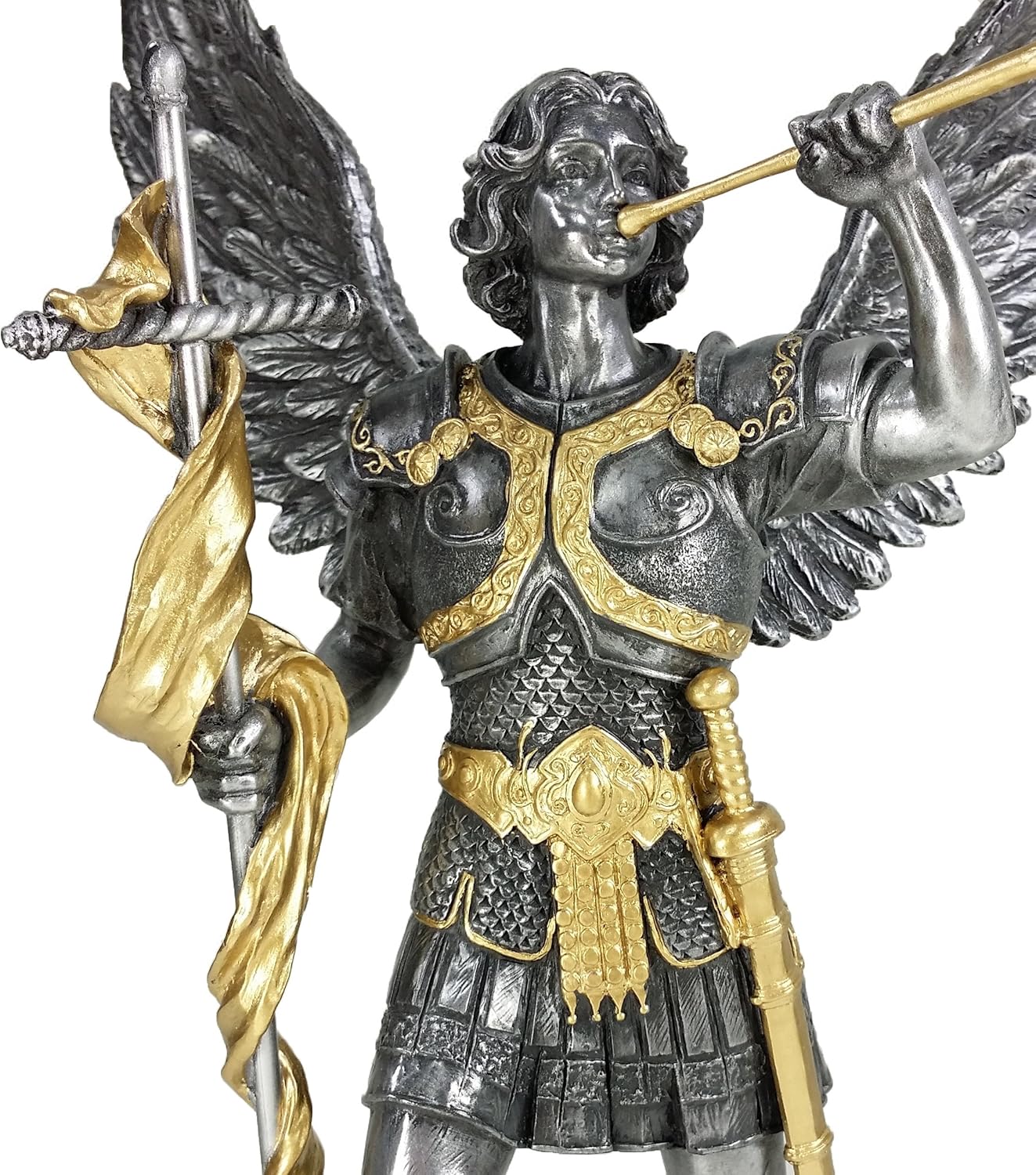 Veronese 13" Saint Gabriel Archangel Statue W/Trumpet and Cross Pewter & Gold Finish Angel