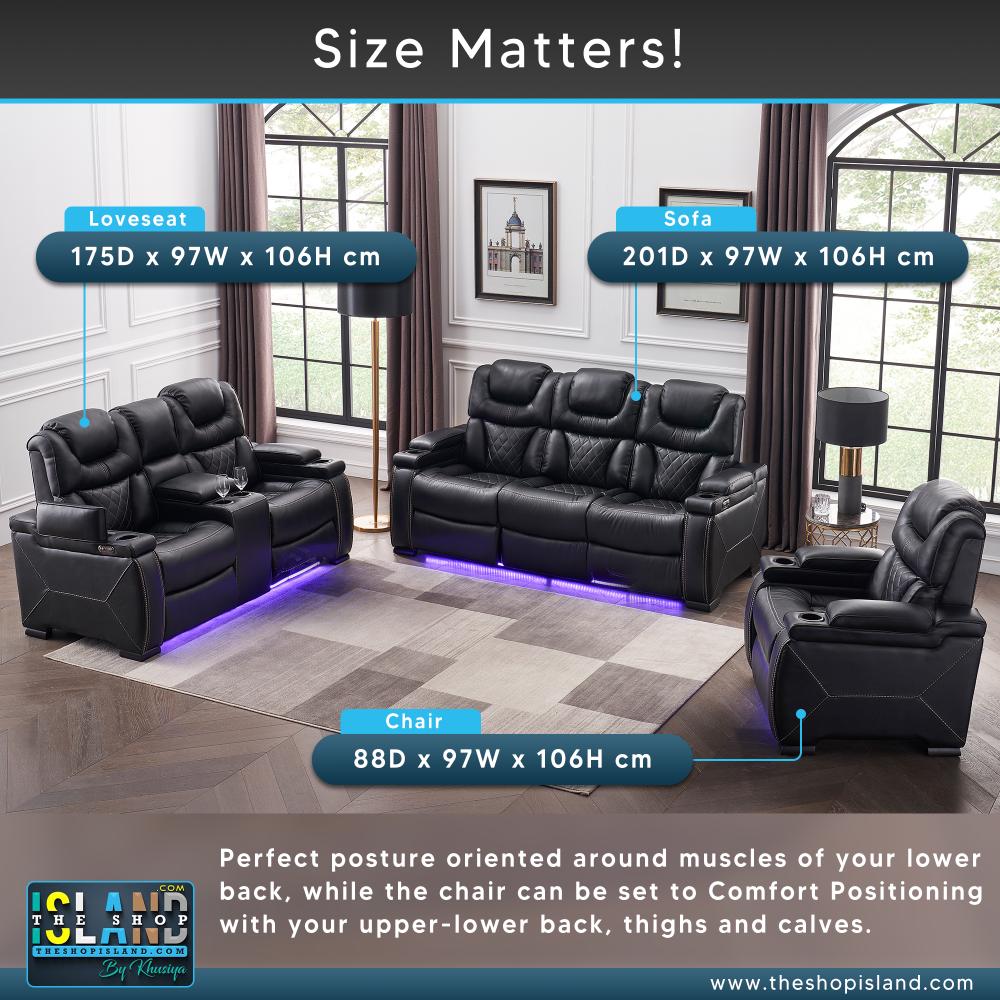 BlackBerry 3 seaters Leather Premium Sofa- Power Recliner, LED Lights, USB, UK Plug, Storage, Head-Back-Leg Recliner